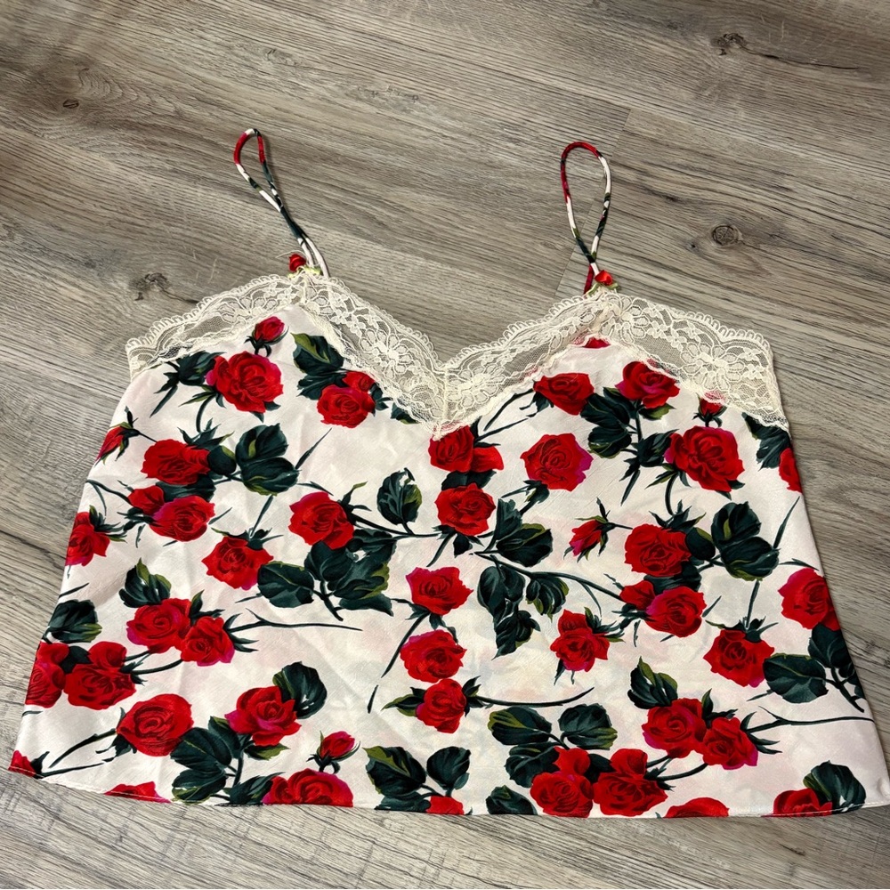 Michaels Cream Satin Cami with Red Rose Print and Lace Trim
